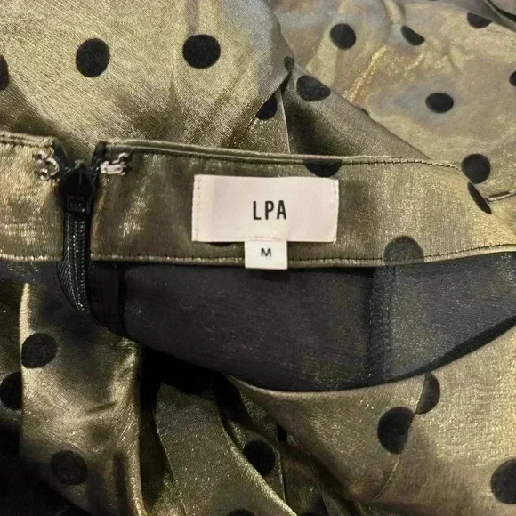 LPA Beatrix metallic gold off shoulder mini dress puff sleeve polka dot M - Picture 2 of 2